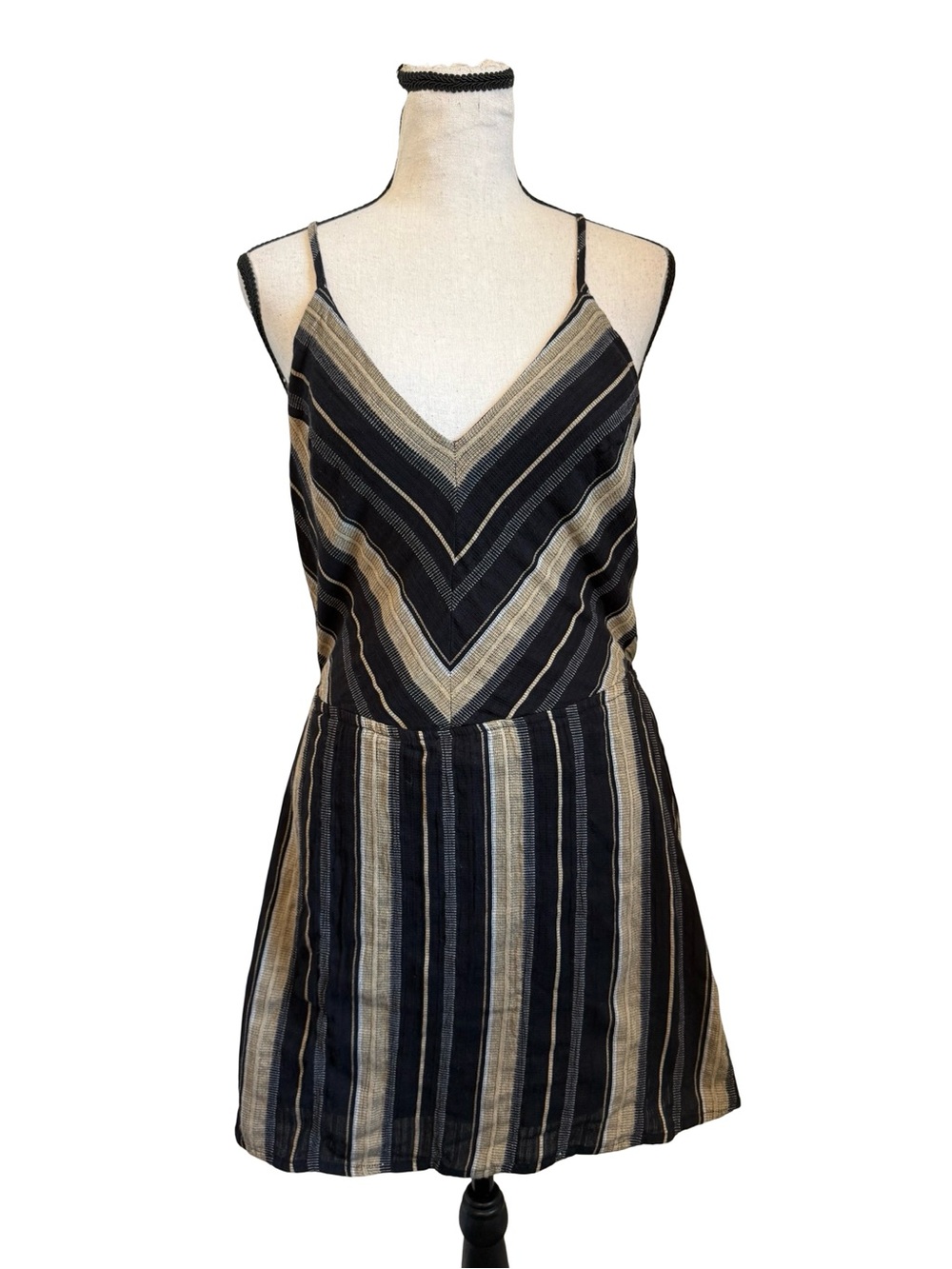 Shyanne Striped Sleeveless Mini Dress Medium Lace Up Back Black Tan Western Boho